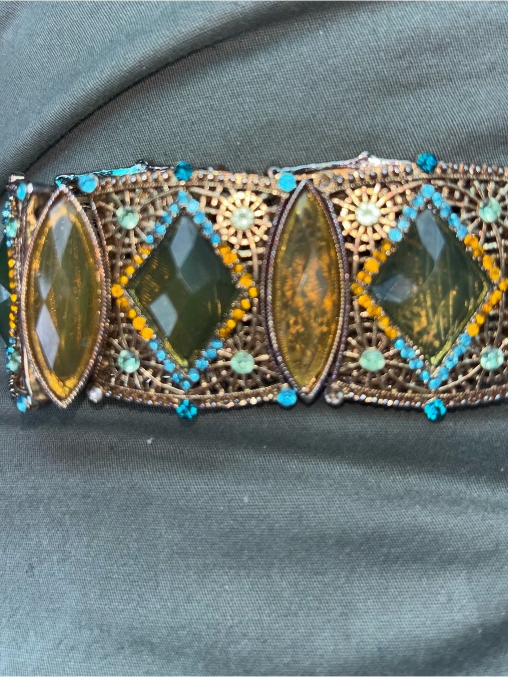 Beaded Olive Green and Turquoise Filigree Statement Bracelet